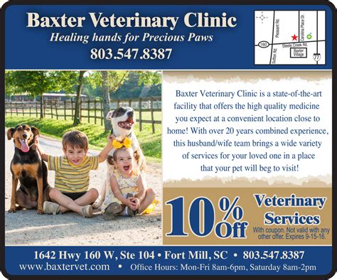 Baxter vet - Baxter Veterinary Clinic 1152 Stonecrest Boulevard Tega Cay, SC 29708 Veterinary Hours Monday-Friday 8am - 6pm Saturday 8am - 2pm Sunday - Closed 803-547-VETS …